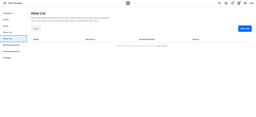 Square Online Security Allow List Screenshot of Square Online's allow list page from the Risk Manager.