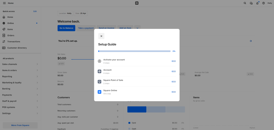 Square Setup Guide Screenshot of Square Online's setup guide featuring key steps.