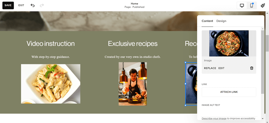Squarespace editor adding photos to a content block Squaresapce editor in action adding content into a block section