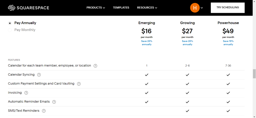 Squarespace Acuity Marketing Scheduling Screenshot of Squarespace's Acuity Scheduling pricing page.