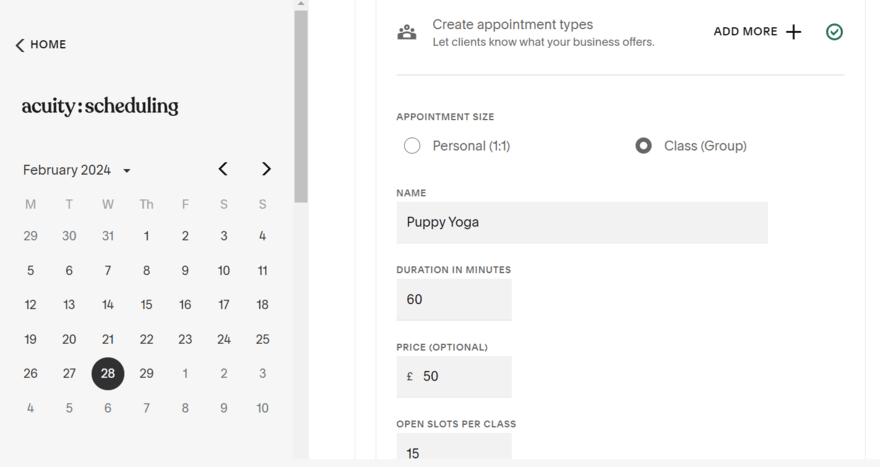 Squarespace Acuity Scheduling (1) Squarespace Acuity Scheduling homepage showing form to add new appointment type
