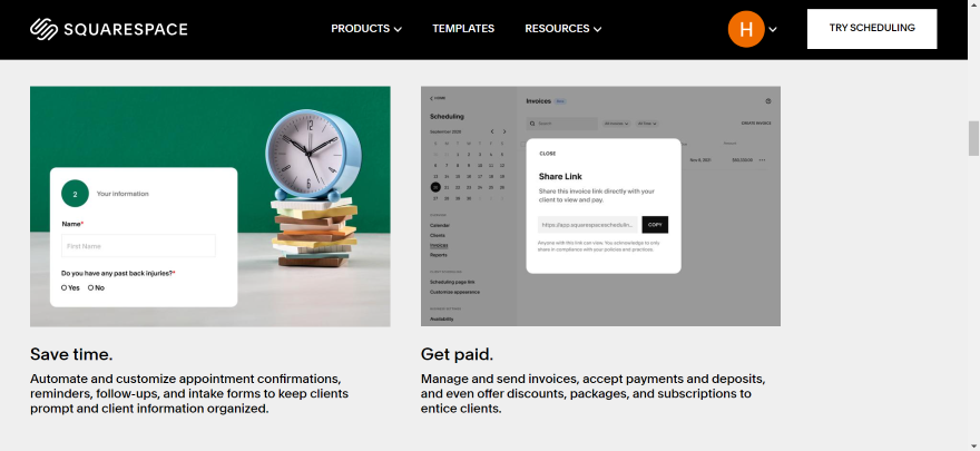 SquareSpace Acuity Scheduling Features Screenshot of a Squarespace Acuity Scheduling Page showcasing key features.
