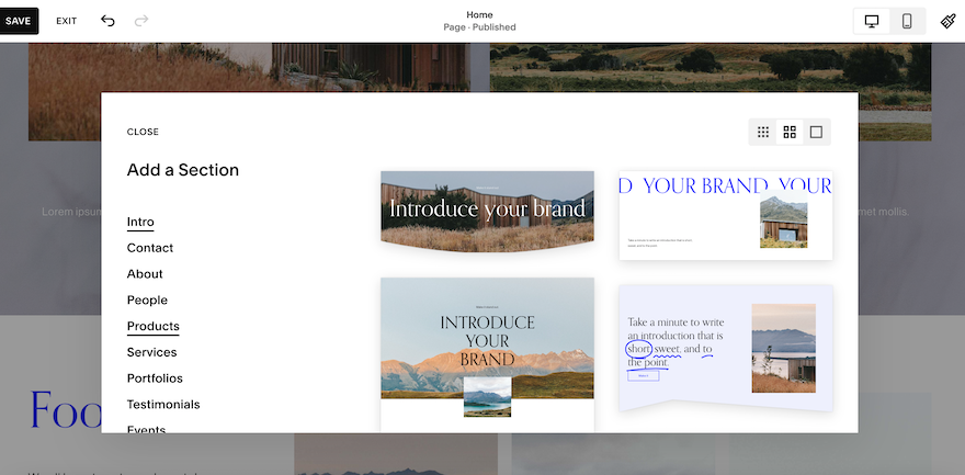 Squarespace Add Section The Squarespace editor with the “Add a Section” popup open on various Intro pages.