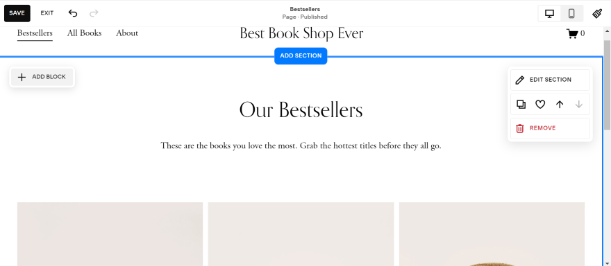 Squarespace Adding a Page and Block Screenshot of Squarespace's editor showcasing it's sections