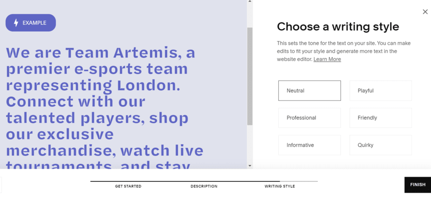 Squarespace AI onboarding Squarespace AI asking the user to choose a writing style to set up a website