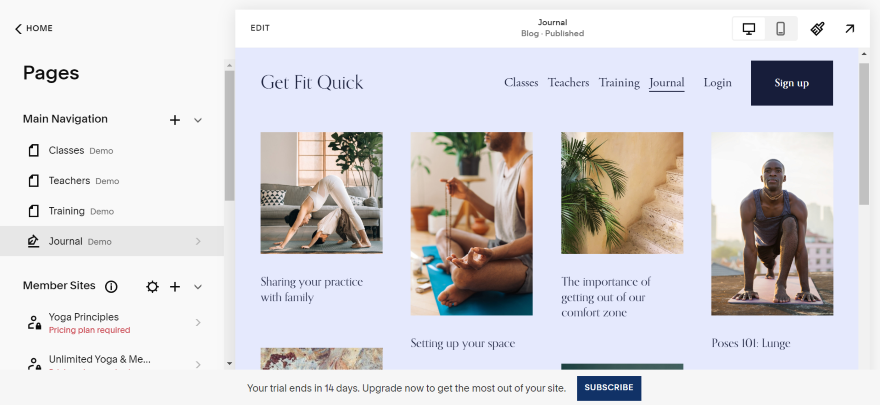 Squarespace Blogging Page Bookings Fitness Screenshot of a blogging page on Wix's editor.