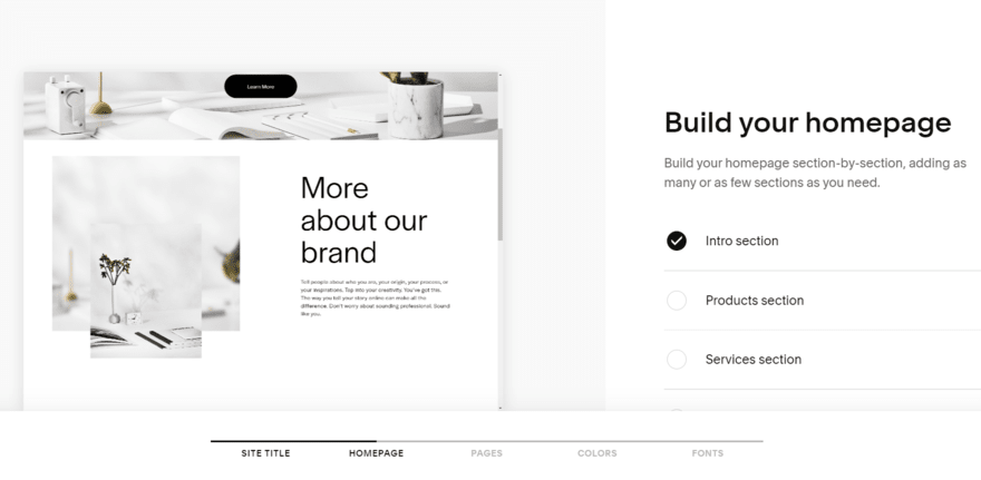 Squarespace Blueprint (3) Squarespace Blueprint AI asking the user to select elements for the website homepage