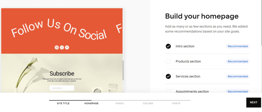 Squarespace Blueprint Squarespace Blueprint asking what homepage sections to include in the AI-generated site