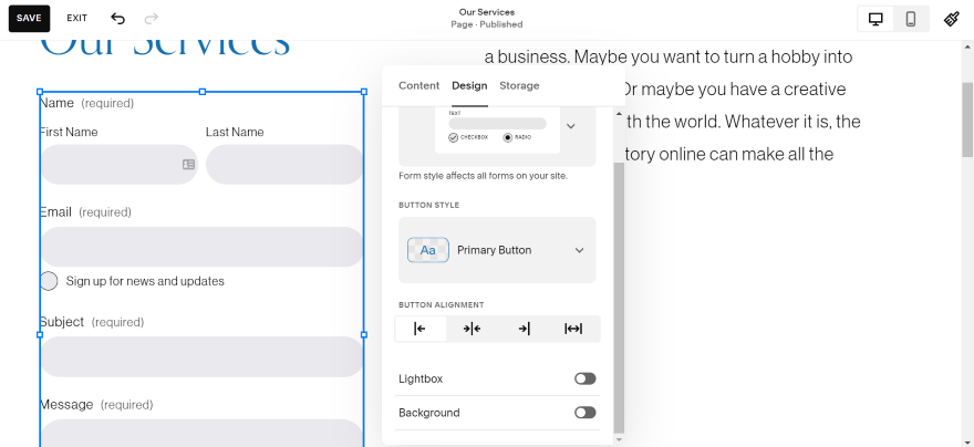 Squarespace Content Blocks Forms Squarespace editor in action, editing a contact form