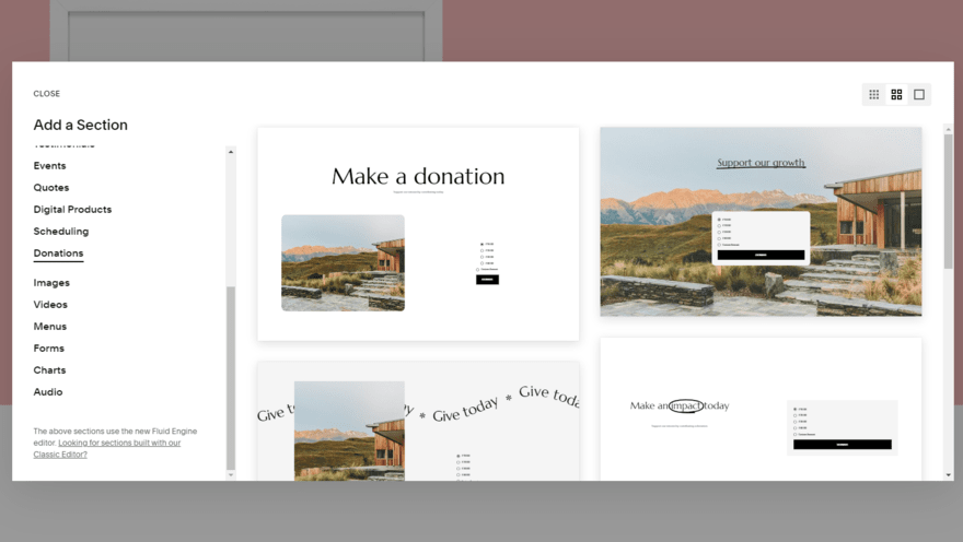 Squarespace donation element Squarespace library of sections, showing "donation" elements to choose from