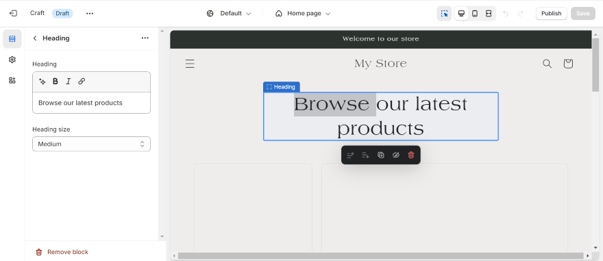 Squarespace Editing Text Screenshot of a text block on Shopify's editor.