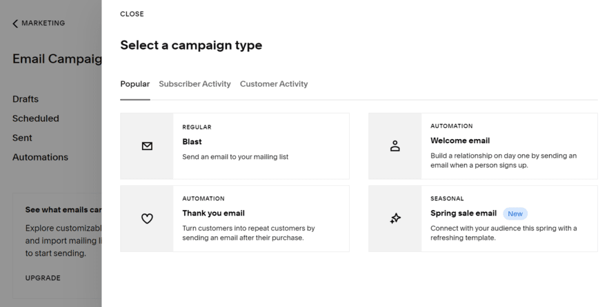 Squarespace Email Campaigns types Squarespace Email Campaigns selection of campaign types