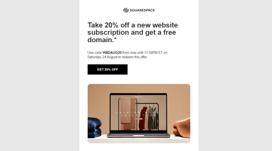 Squarespace Email Squarespace marketing email offering a 20% discount