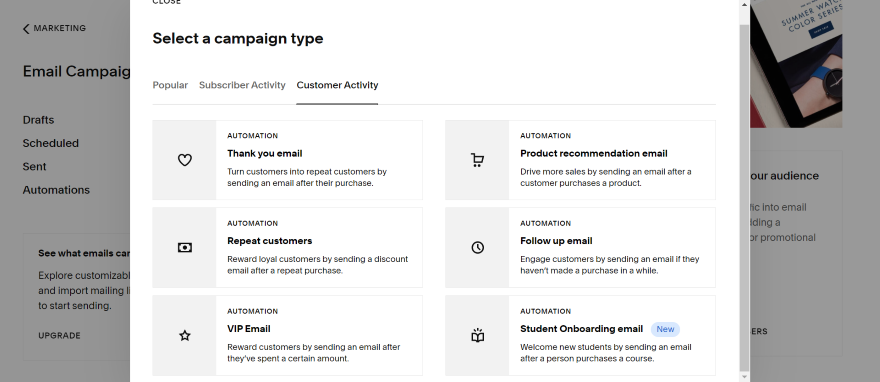 Squarespace Emails Campaign Types Screenshot of the campaign types listed on Squarespace's email campaign tool.