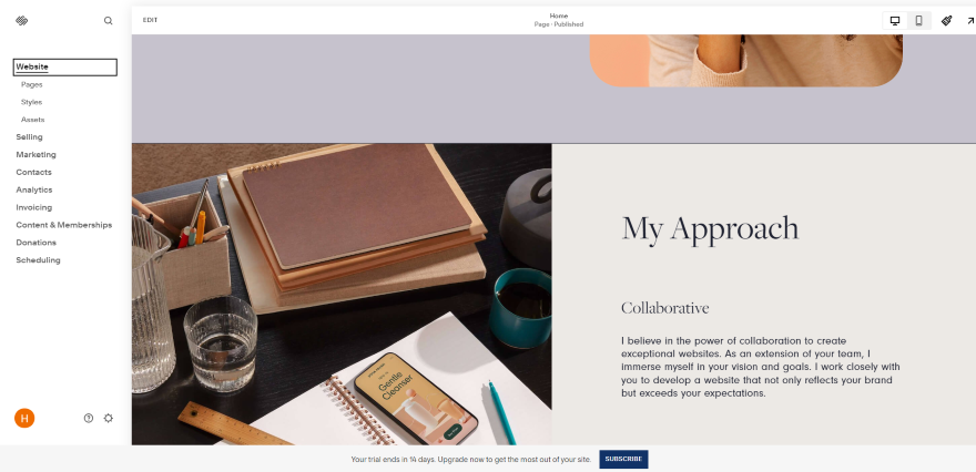Squarespace Features Templates Page Screenshot of a Squarespace website in editor mode with a left sidebar listing different features