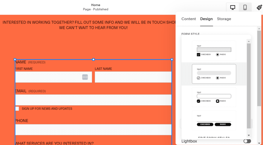 Squarespace form editor Squarespace's website editor, making tweaks to a form element