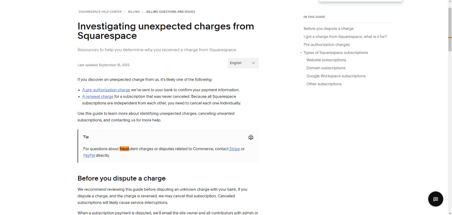 Squarespace Fraud Detection via Third Party Screenshot of Squarespace's help page regarding fraud detection.