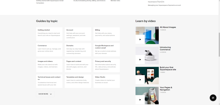 Squarespace Help Center Screenshot of Squarespace's Help Center filled with resources on your website.