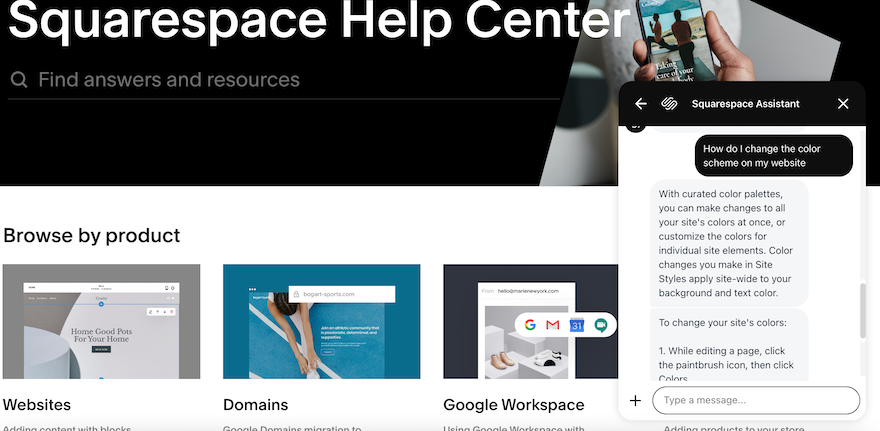 Squarespace Live Chat The Squarespace Help Center page with an ongoing live chat open on the right-hand side.