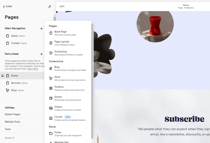 Squarespace pages Pop up sidebar showing page options in Squarespace editor