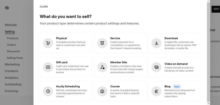 Squarespace product types Pop up table with product types to select for selling on Squarespace