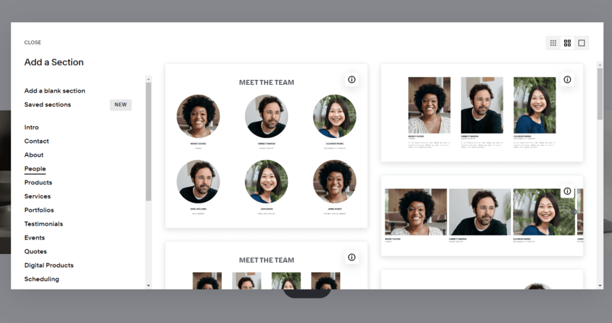 Squarespace section library Squarespace's design sections library, specifically showing people/team sections