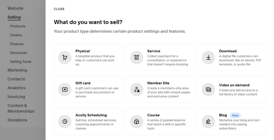 Squarespace selling Product options in Squarespace's selling option