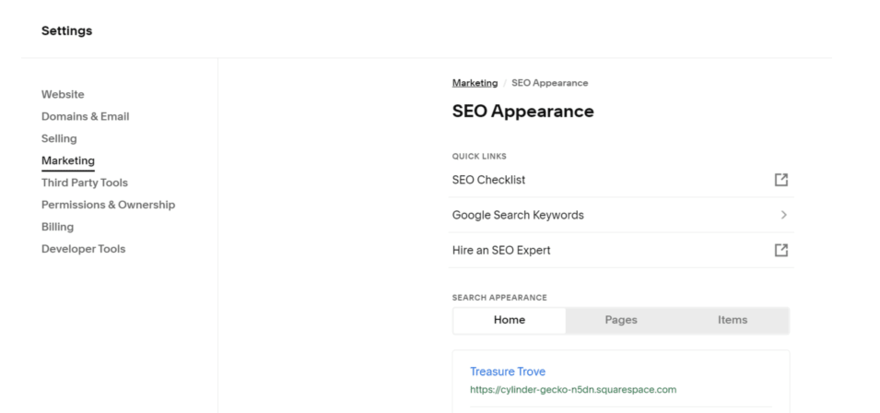 Squarespace SEO settings Squarespace dashboard showing SEO settings