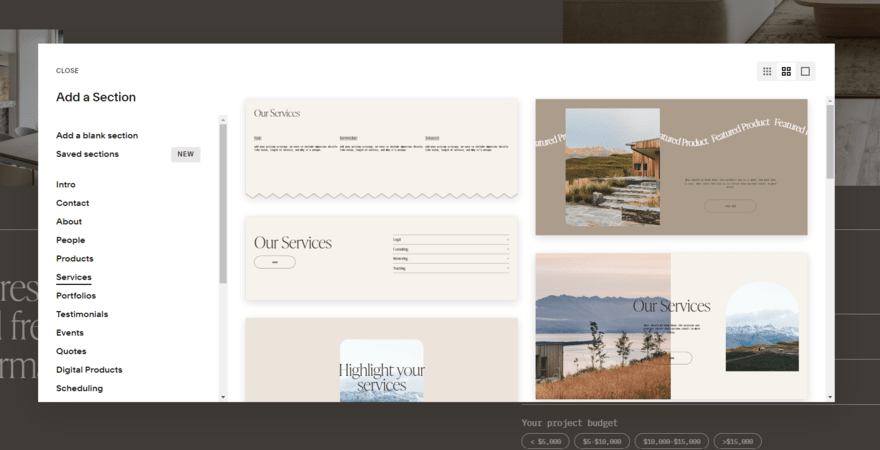 Squarespace services designs Squarespace section library showing sections for services