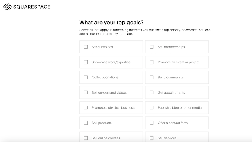 Squarespace Set Up The Squarespace sign-up questionnaire featuring a multiple-choice question about what the goals of the customer are.