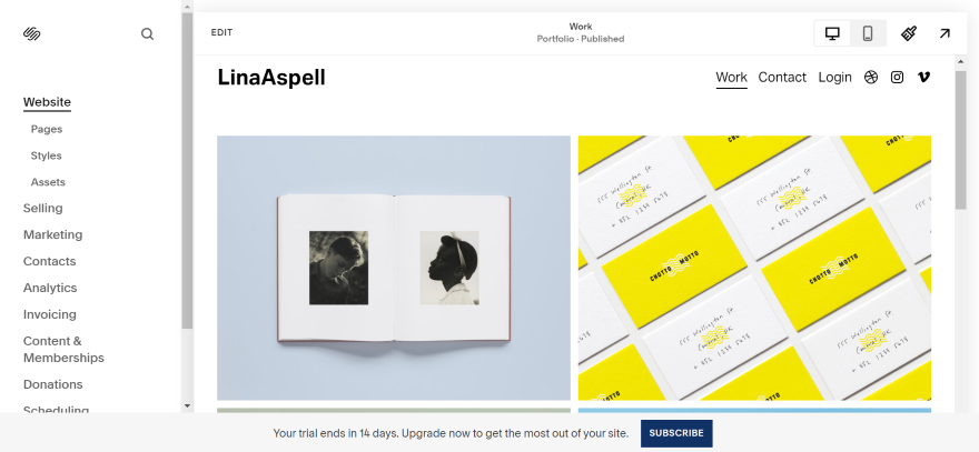 Squarespace Template Portfolio A user interface of the Squarespace editor prominently displayed with options for website editing and page layouts.