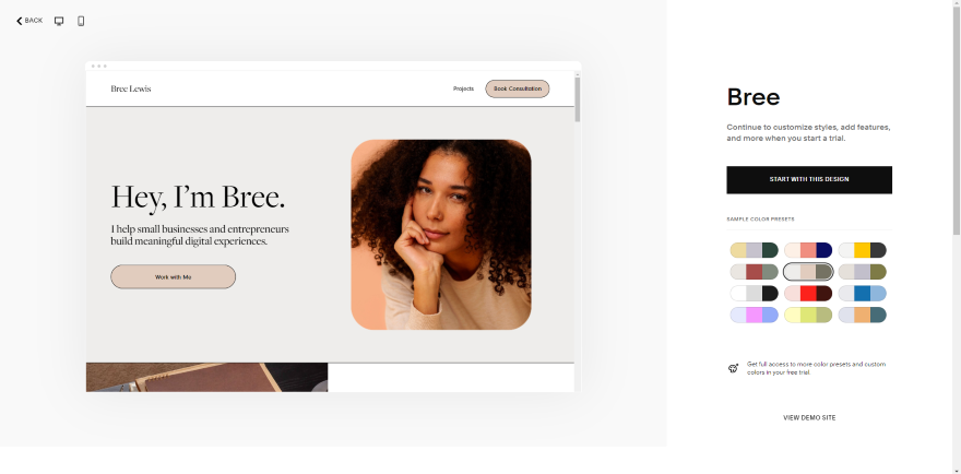 Squarespace Templates Bree Bree, a digital consultant, smiling confidently in her professional profile image on a website.