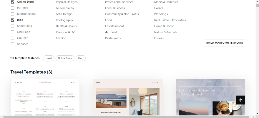 Squarespace Templates Travel Squarespace template library showing filter settings online store, blog, and travel, with three suitable templates