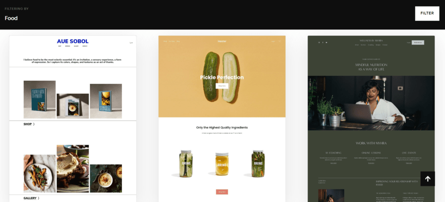 Squarespace templates Squarespace's template library showing a preview of three "food" templates