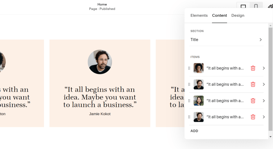 Squarespace testimonials element Squarespace testimonials element in the editor