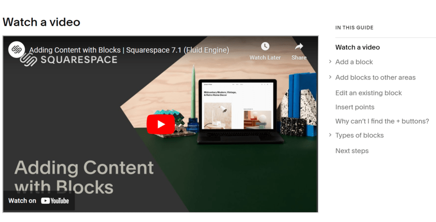 Squarespace video help center Video tutorial in Squarespace's help center