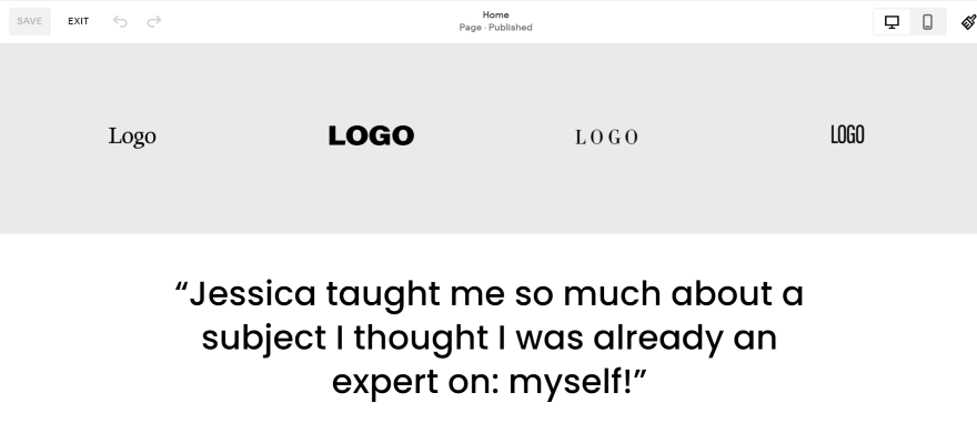 SS Almar 2 Screenshot of a Squarespace homepage with quoted text and boxes where company logos go