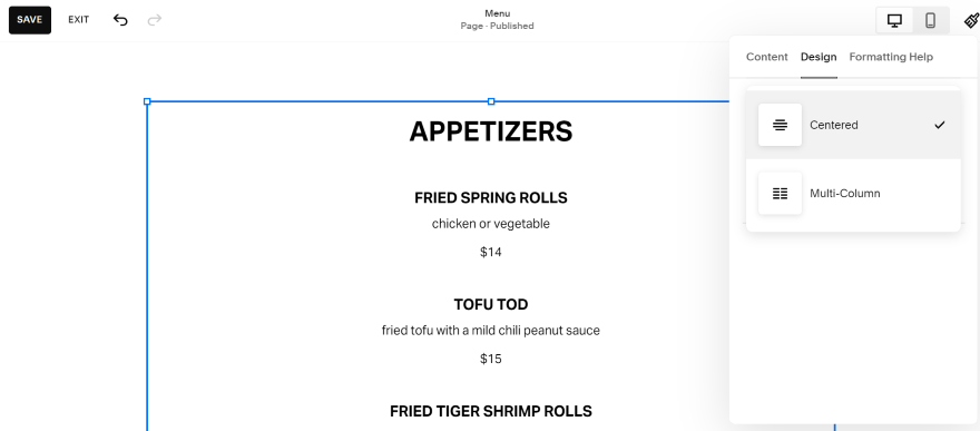 SS Auburn 2 Screenshot of a menu page on a Squarespace website listing different dishes and prices.