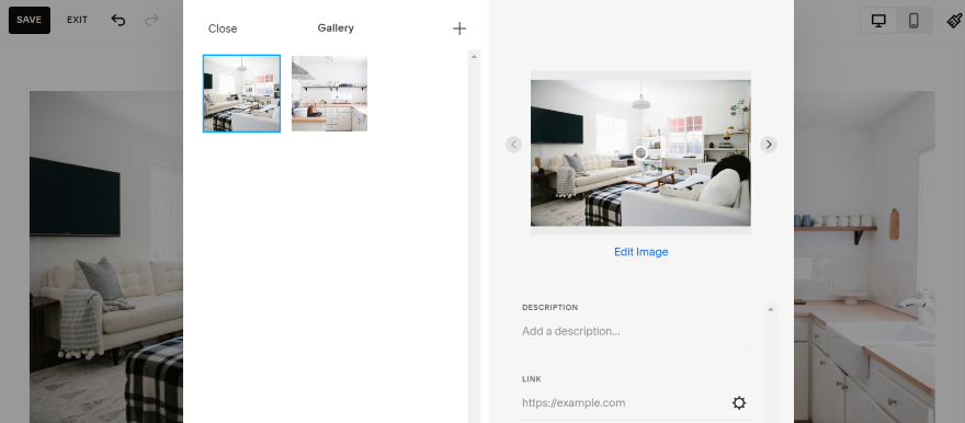 SS Cailles 2 Screenshot of a gallery pop-up on Squarespace's editor and photos of house interiors
