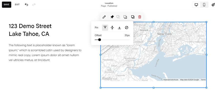 SS Colima 2 Screenshot of a Squarespace page featuring a map and heading with an American address