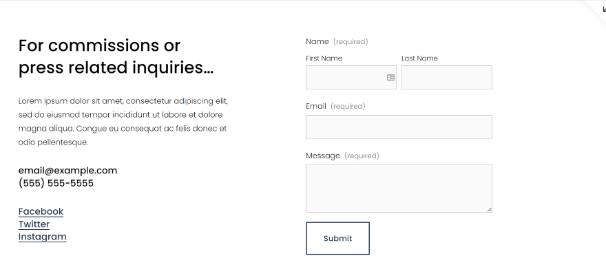 SS Eliott Photography 2 Screenshot of a contact from on a Squarespace photography website with additional contact details