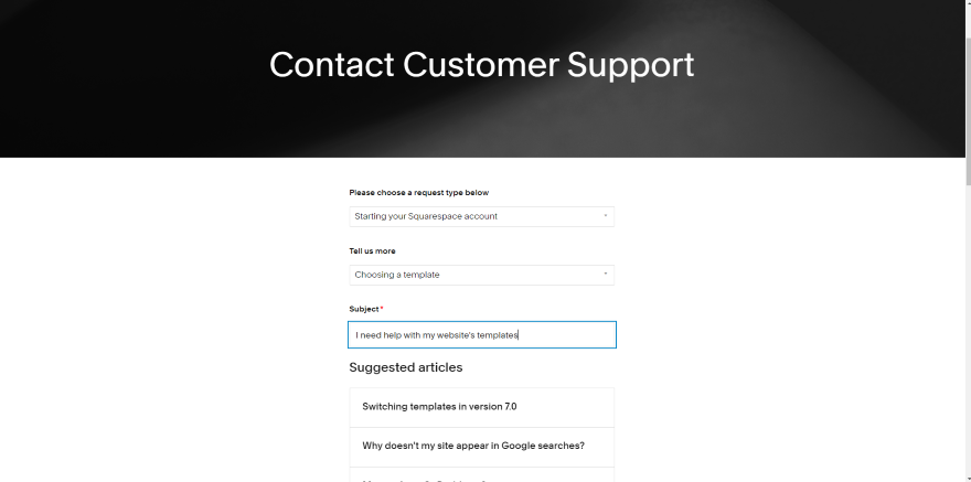 SS Email Support Page Screenshot of the Squarespace Contact Customer Support page with options for starting an account and choosing a template.
