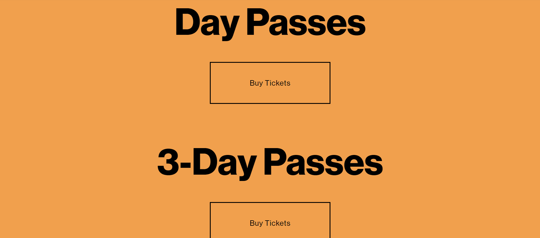 SS Ocotillo 2 Screenshot of an orange Squarespace website page offering two different music festival passes with "Buy Tickets" CTA buttons