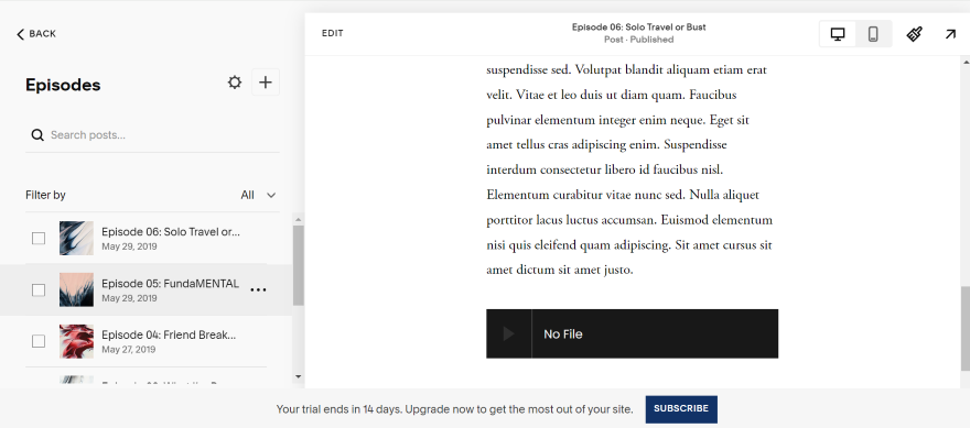 SS Paloma 2 Screenshot of Squarespace's editor with a dashboard showcasing a podcast's various episodes