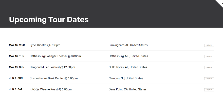 SS Vandam 2 Screenshot of a Squarespace band page for tour dates, listing numerous dates across American cities.