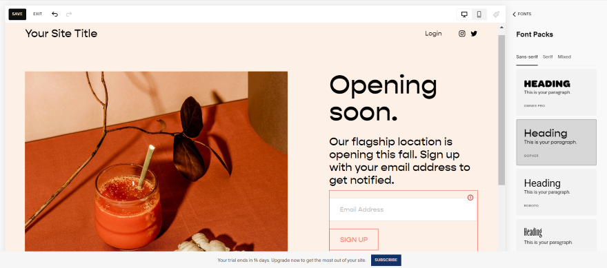 SS Zorayda 2 Screenshot of a Squarespace launch page open on the editor with a font sidebar to change the text with.