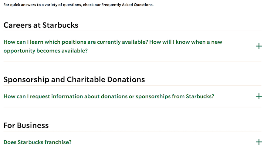 Starbucks FAQ page example screenshot Starbucks FAQ page example screenshot