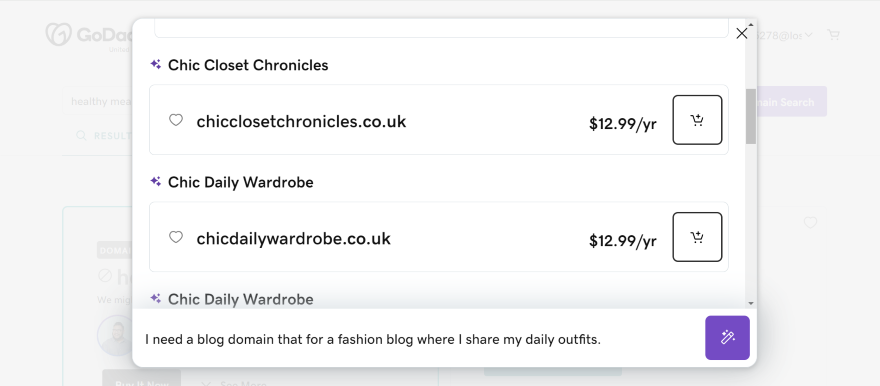 Starting a Blog AI Domain Names Screenshot of GoDaddy's AI Name Generator suggesting domain names for a fashion blog.