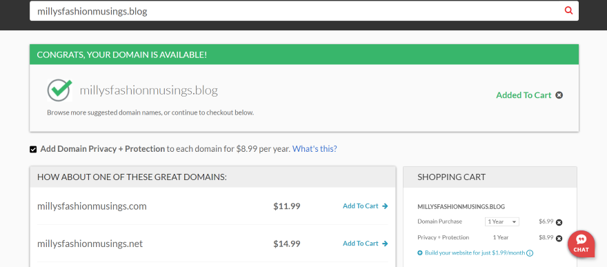 Starting a Blog Domain.com Congratulations message for available domain 'millysfashionmusings.blog' with cart addition option and price information.