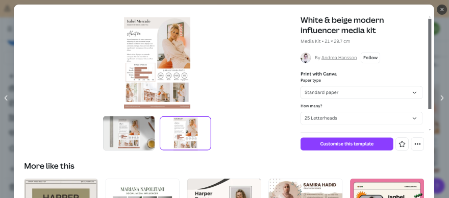 Starting a Blog Media Kit Canva Example of a modern white and beige influencer media kit on Canva featuring a neatly organized layout with text and images.